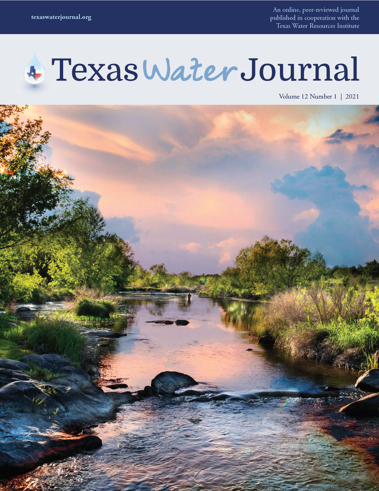 Texas Water Journal cover photo: Llano River with fisherman. ©2018 Ray Uherek.